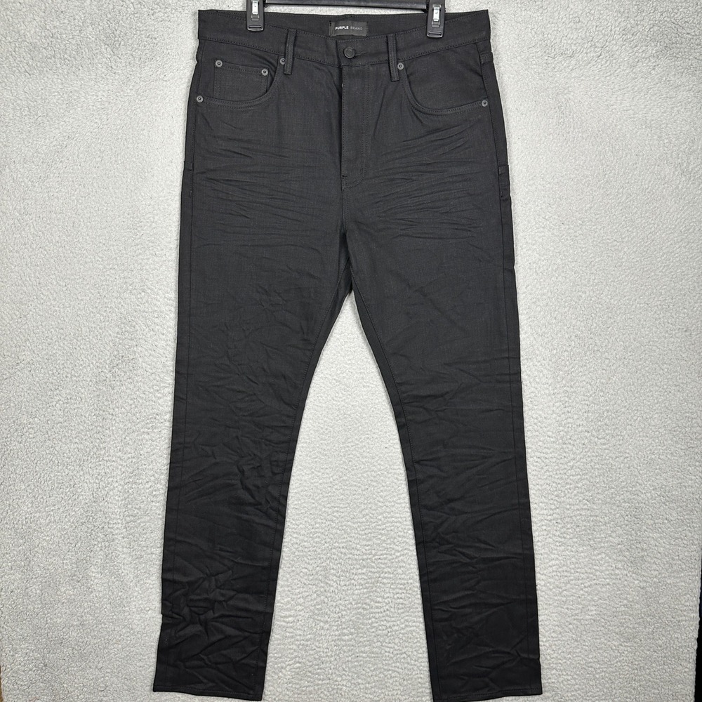 Purple Brand Jeans Mens 33 P005 Slim Black 3D Crinkle BLKR223 Button Fly Denim